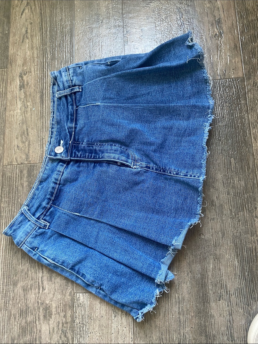 Love Tree Blue Denim Pleated Skort with Frayed Edge